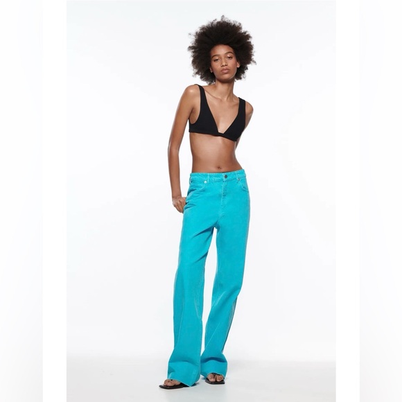Zara Denim - NWT ZARA Full Length High Waist Wide Leg Turquoise Jeans Five Pocket Size 10